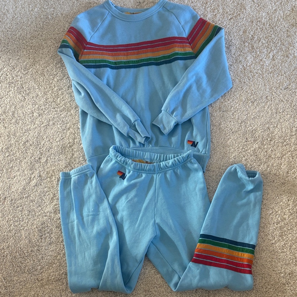 Blue Sweatshirt and Joggers Set with Rainbow Stripes